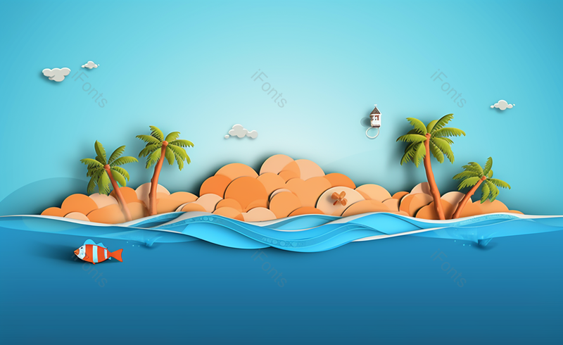 创意唯美小岛上沙滩椰子树海浪和白云蓝天剪纸插画,插画/手绘图,插画/手绘图库,插画/手绘图下载,插画/手绘